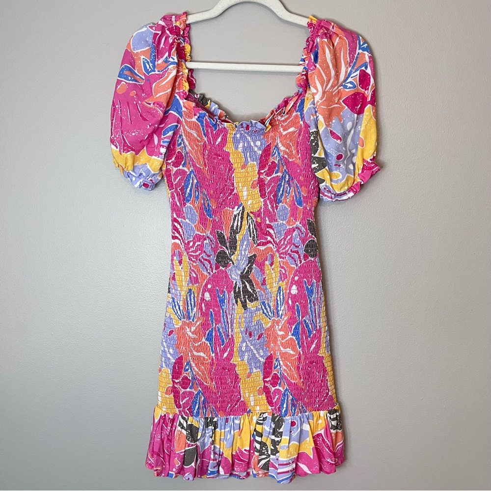 Maaji NEW Clarissa Reversible Smocked Puff Sleeve Ruffle Mini Dress Pink Floral - Picture 8 of 9